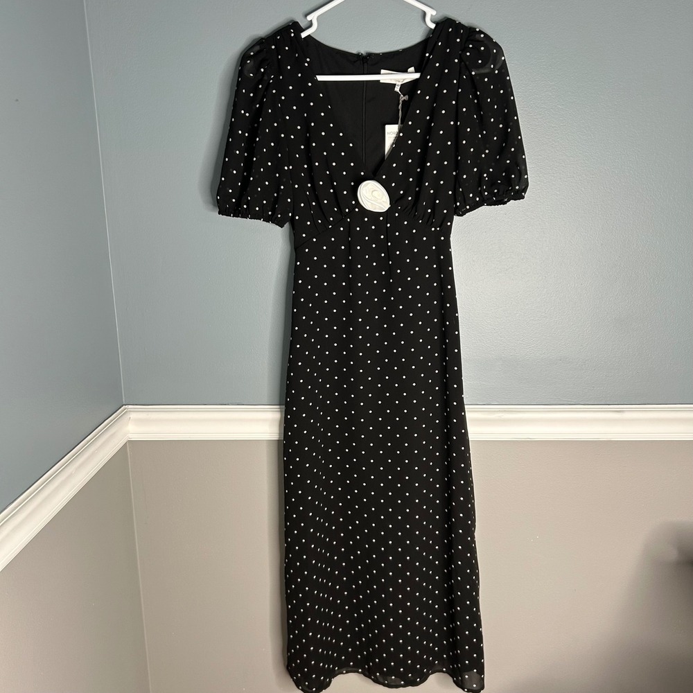WAYF Black‎ White Polka Dot Puff Sleeve Midi Dress Nordstrom XS